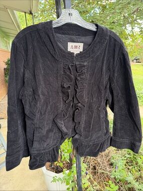 AMX Black Ruffle-Front Corduroy Blazer